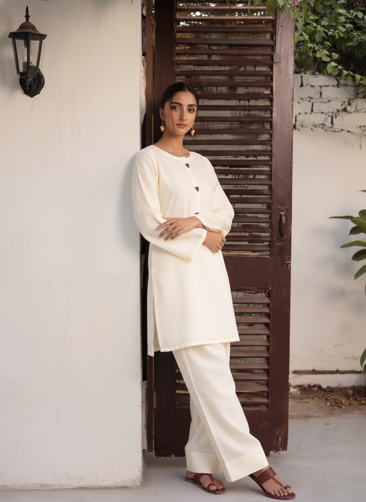 "Safed" - Premium Ivory Cotton Co-ord Set with Heart-Embroidered Placket