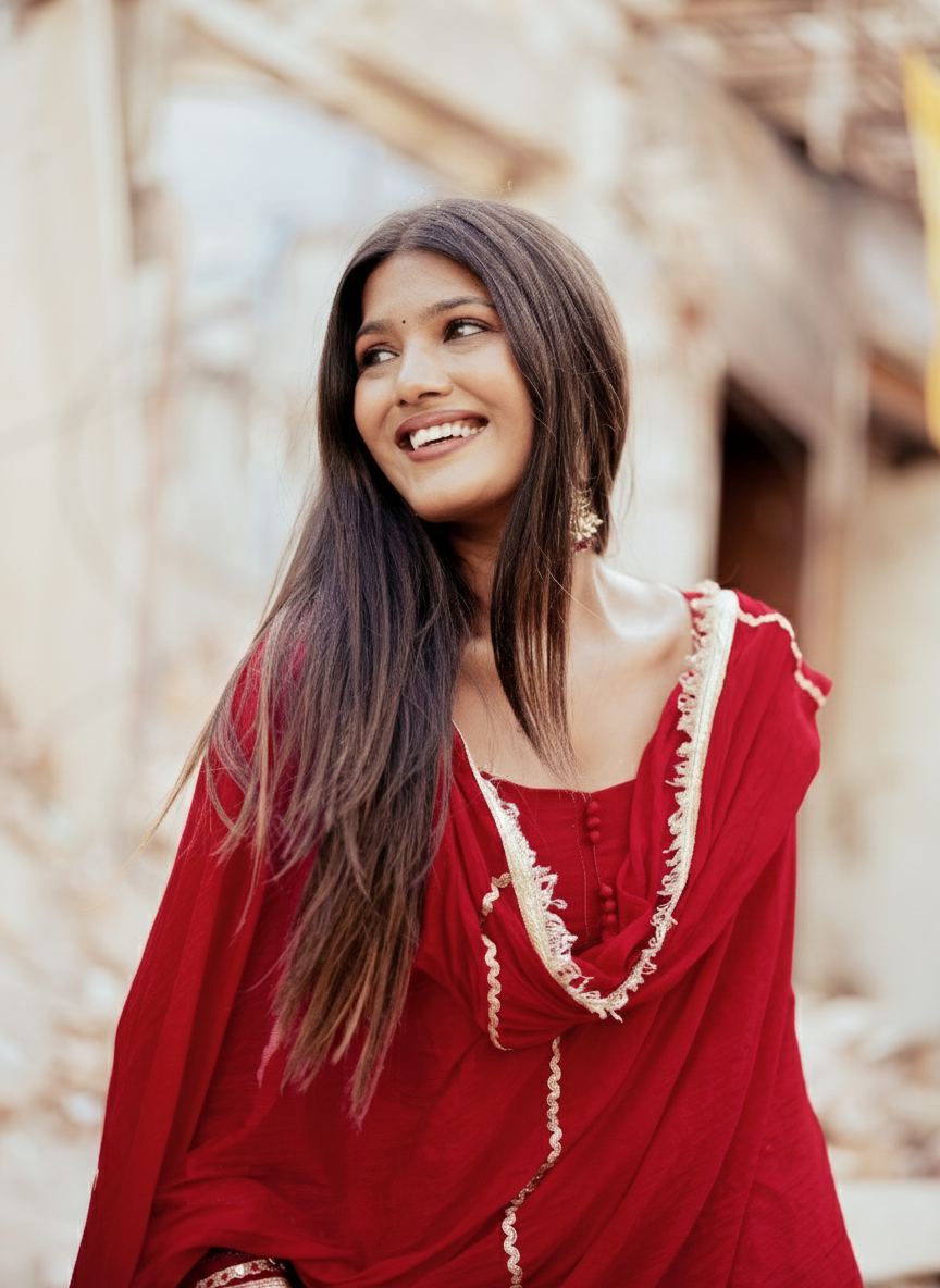 "Inaya" - Royal Red Roman Silk Festive Suit Set