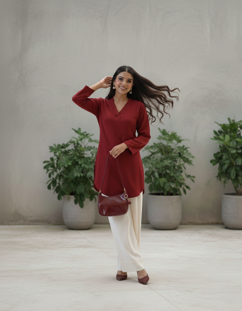 "Sia" — Crimson Red Premium Rayon Minimalist Co-ord Set
