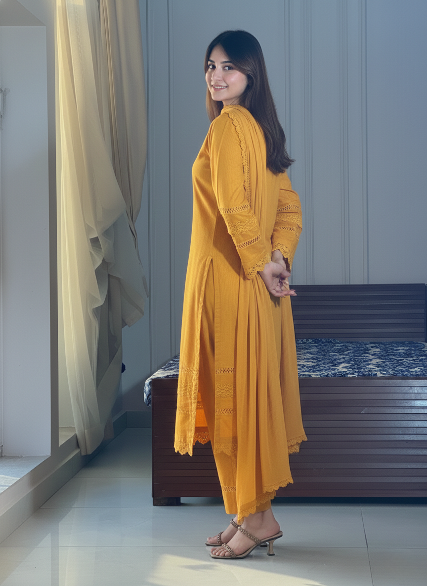 "Miraya" — Mustard Yellow Cotton Dobby Textured Suit Set