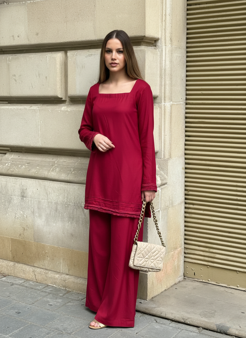 "Ruby" – Deep Red Premium Rayon Co-ord Set with Ivory Contrast Dupatta