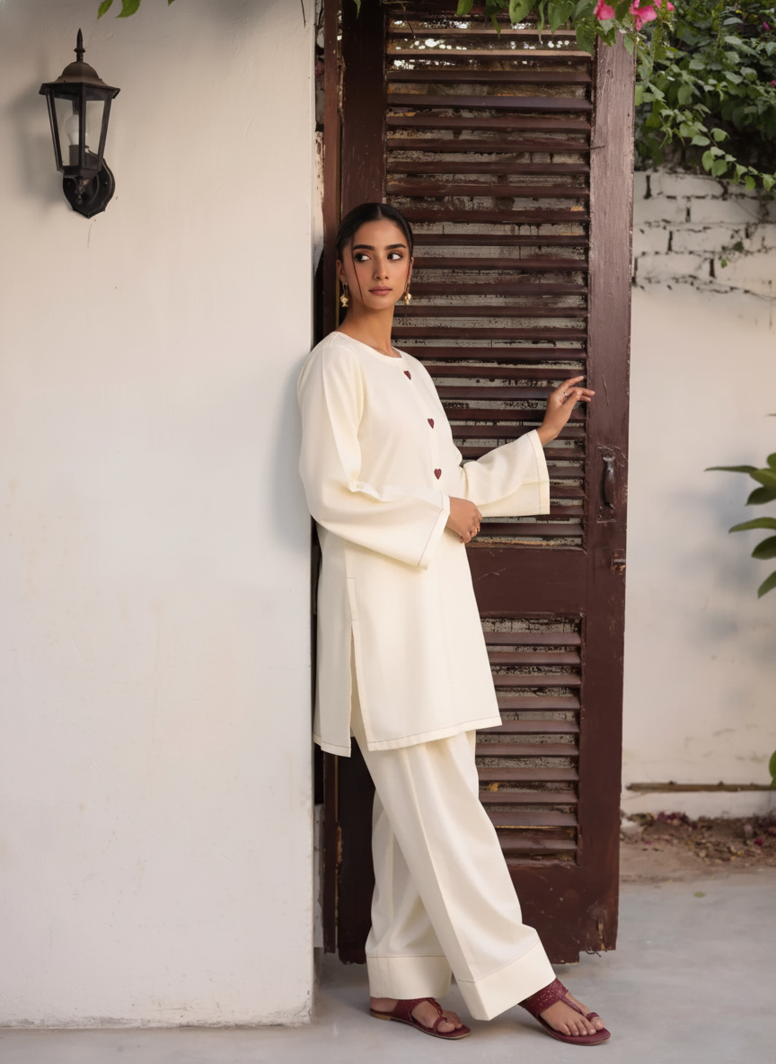 "Safed" - Premium Ivory Cotton Co-ord Set with Heart-Embroidered Placket