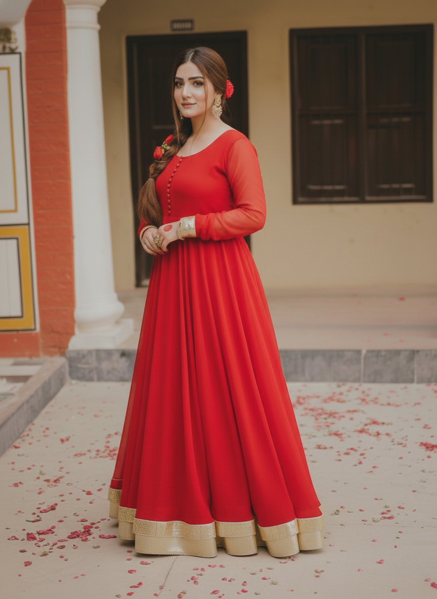 "Arushi" - Red Georgette Full Flare Anarkali Suit Set with Gold Gota