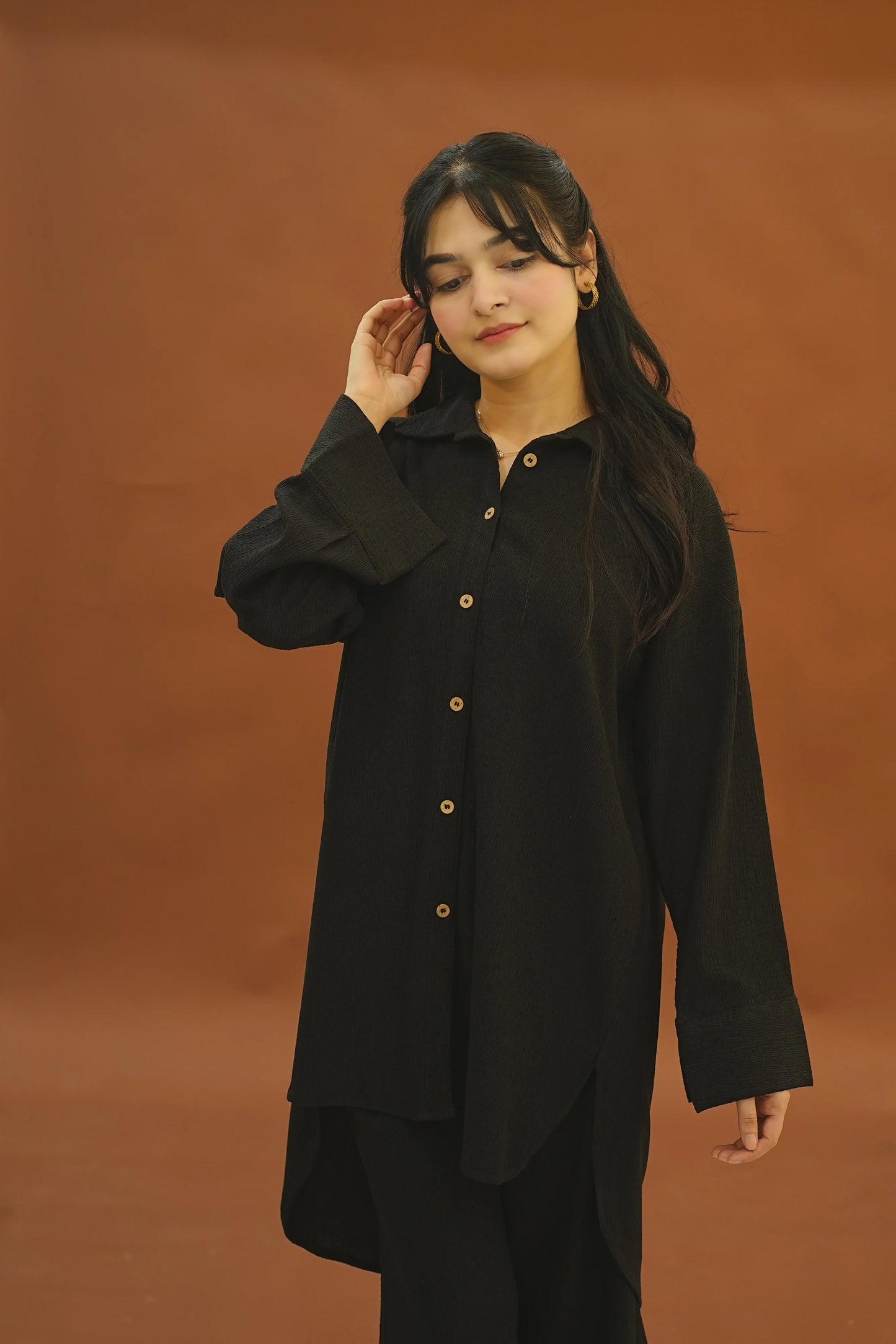 "Nura" – Midnight Black Premium Textured Co-ord Set with High-Low Tunic