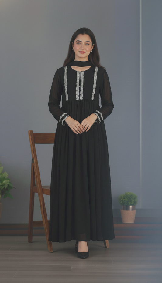 "Shyamaa" - Black Georgette Suit Set with Contrast Threadwork