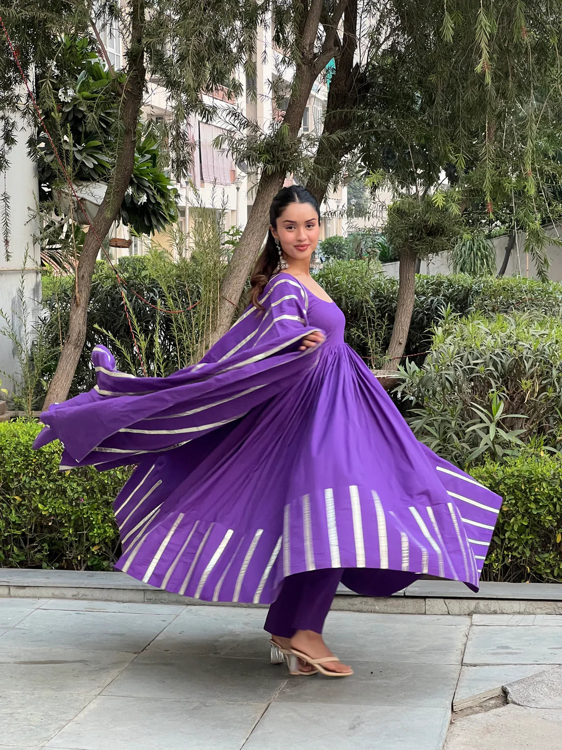 "Nritya" - Mal Cotton Full Flare Anarkali Suit Set with Gota Dupatta