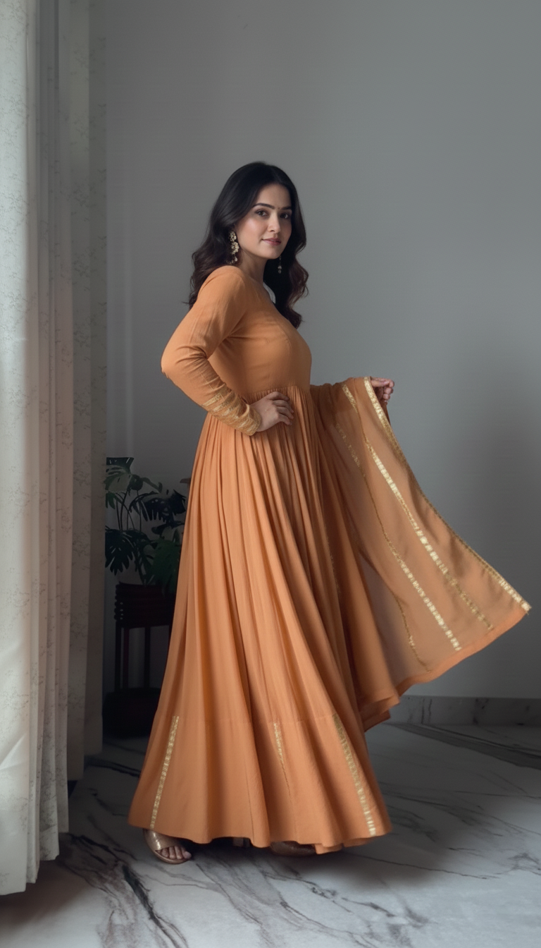 "Nritya" - Mal Cotton Full Flare Anarkali Suit Set with Gota Dupatta