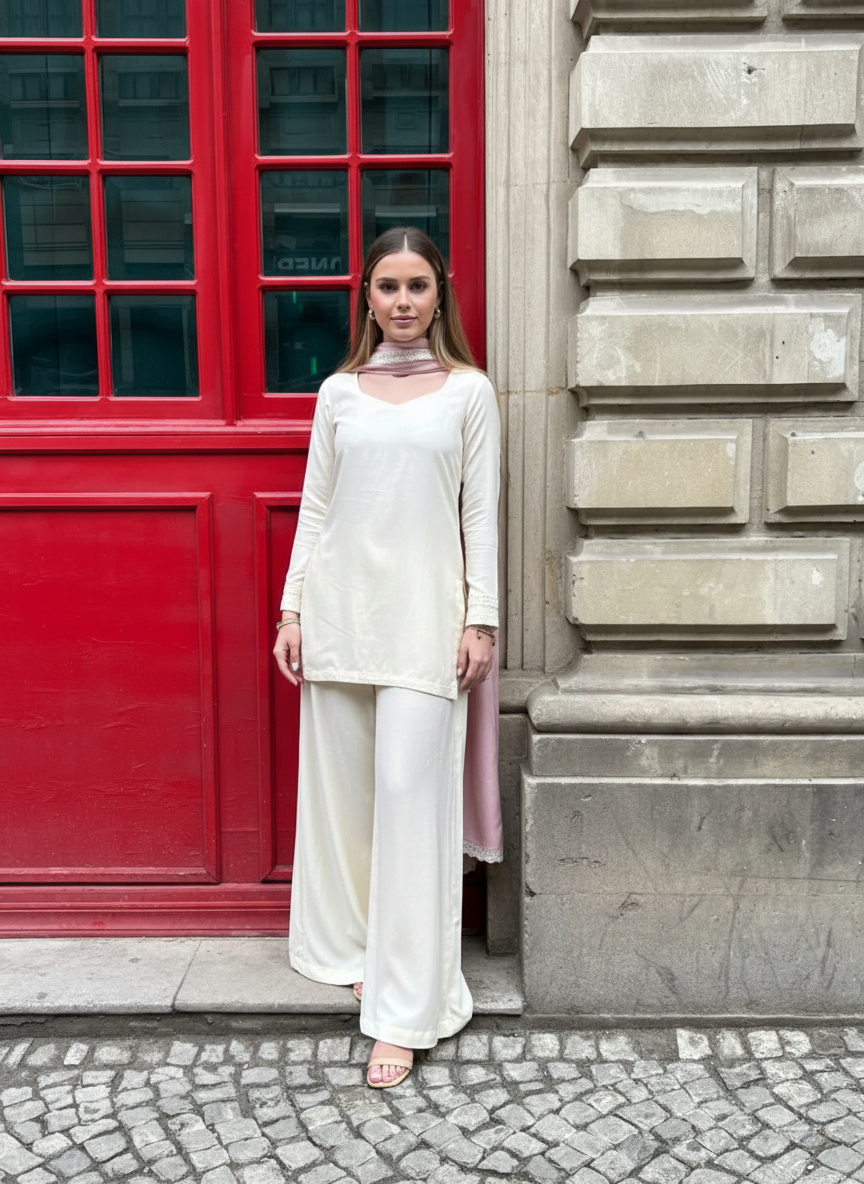 "Ruhani" – Cream Premium Rayon Co-ord Set with Lace-Edged Pink Dupatta