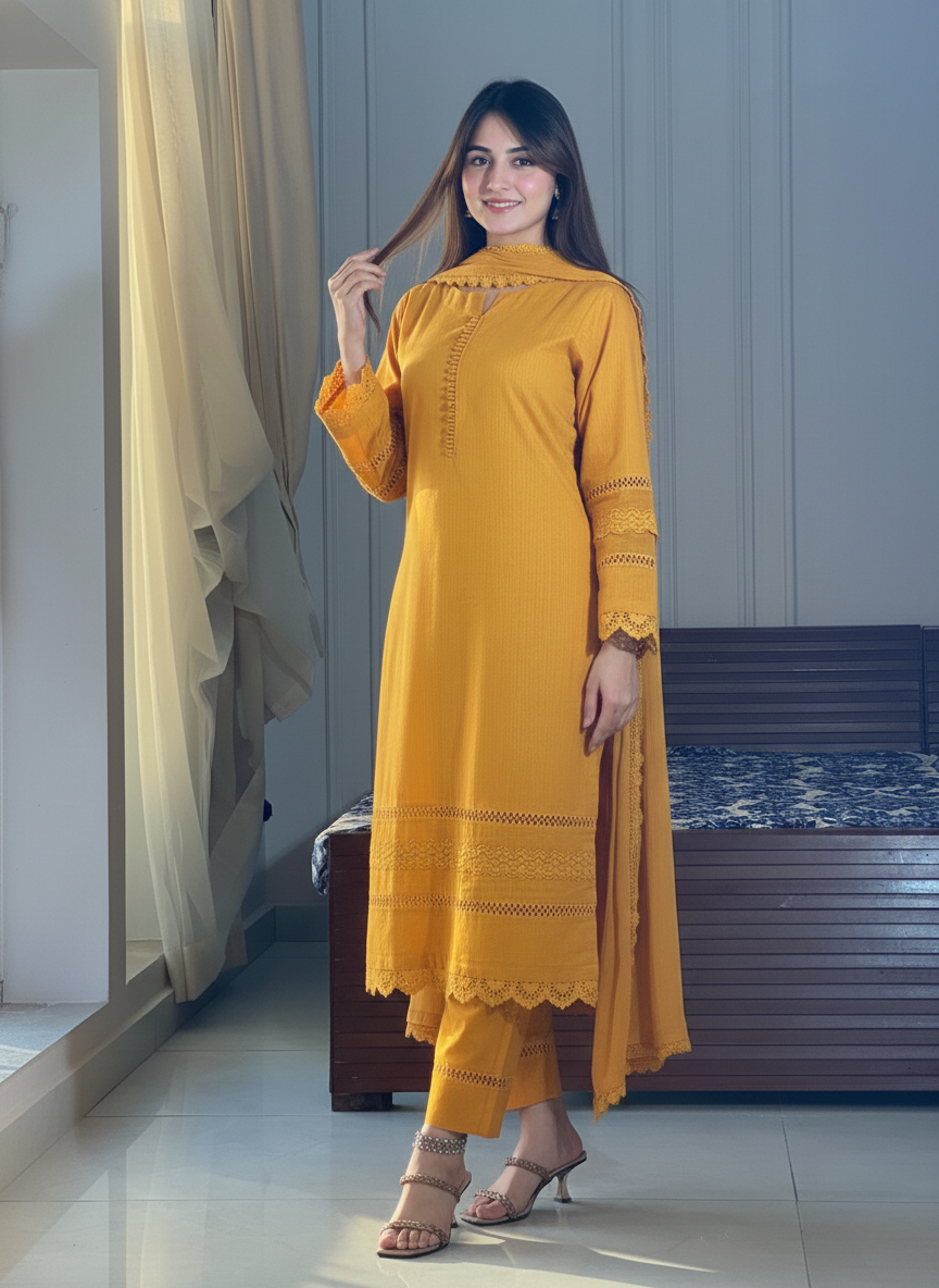 "Miraya" — Mustard Yellow Cotton Dobby Textured Suit Set