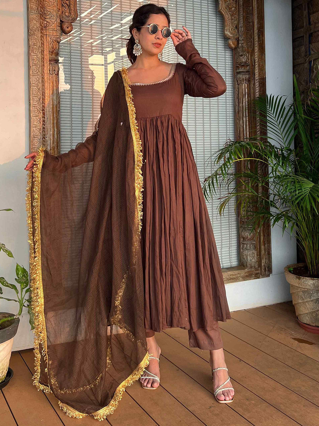 Aaradhya Coffee Brown Cotton Lined Kurta & Palazzo Set with Kota Doria Dupatta