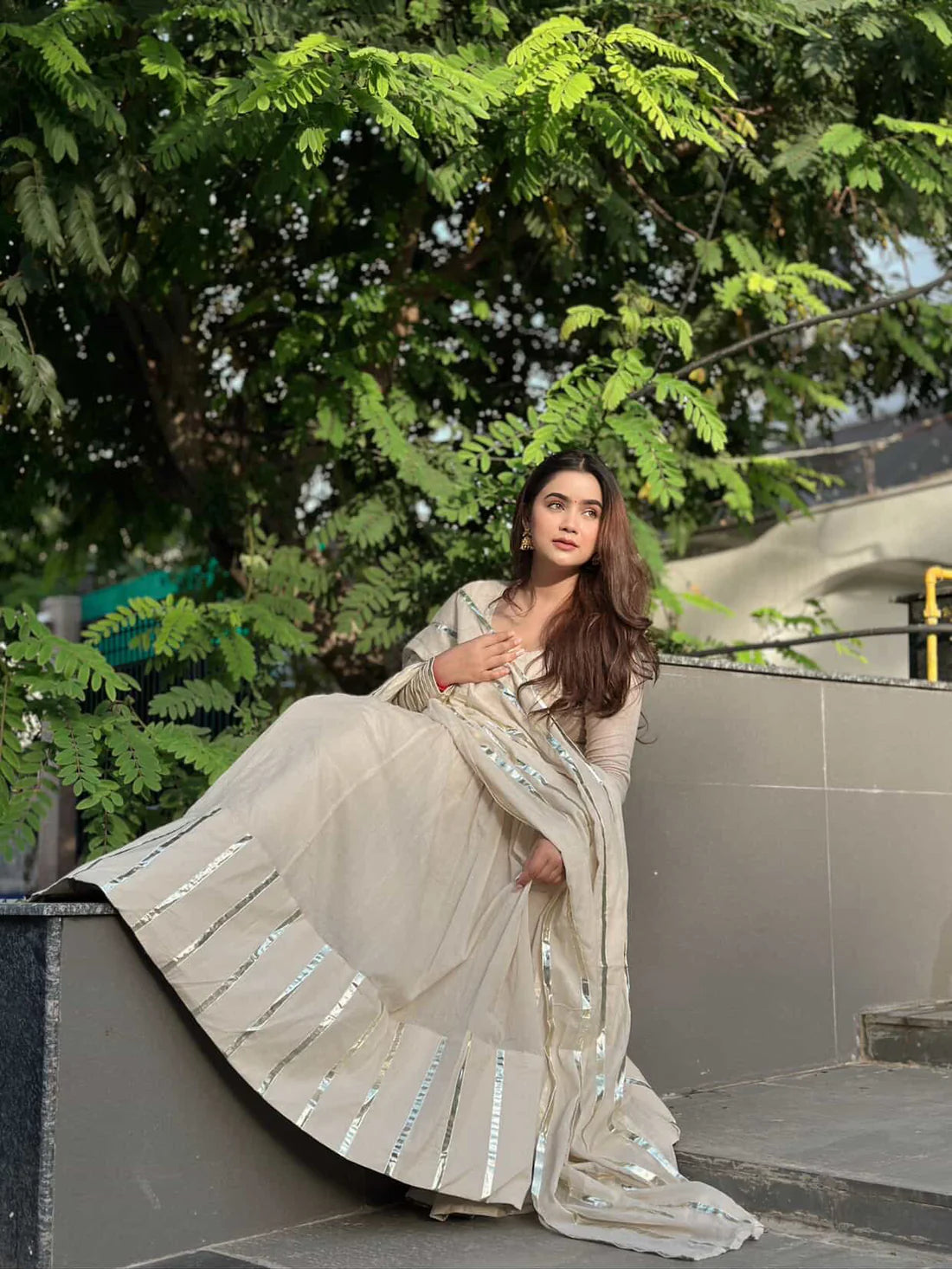 "Nritya" - Mal Cotton Full Flare Anarkali Suit Set with Gota Dupatta