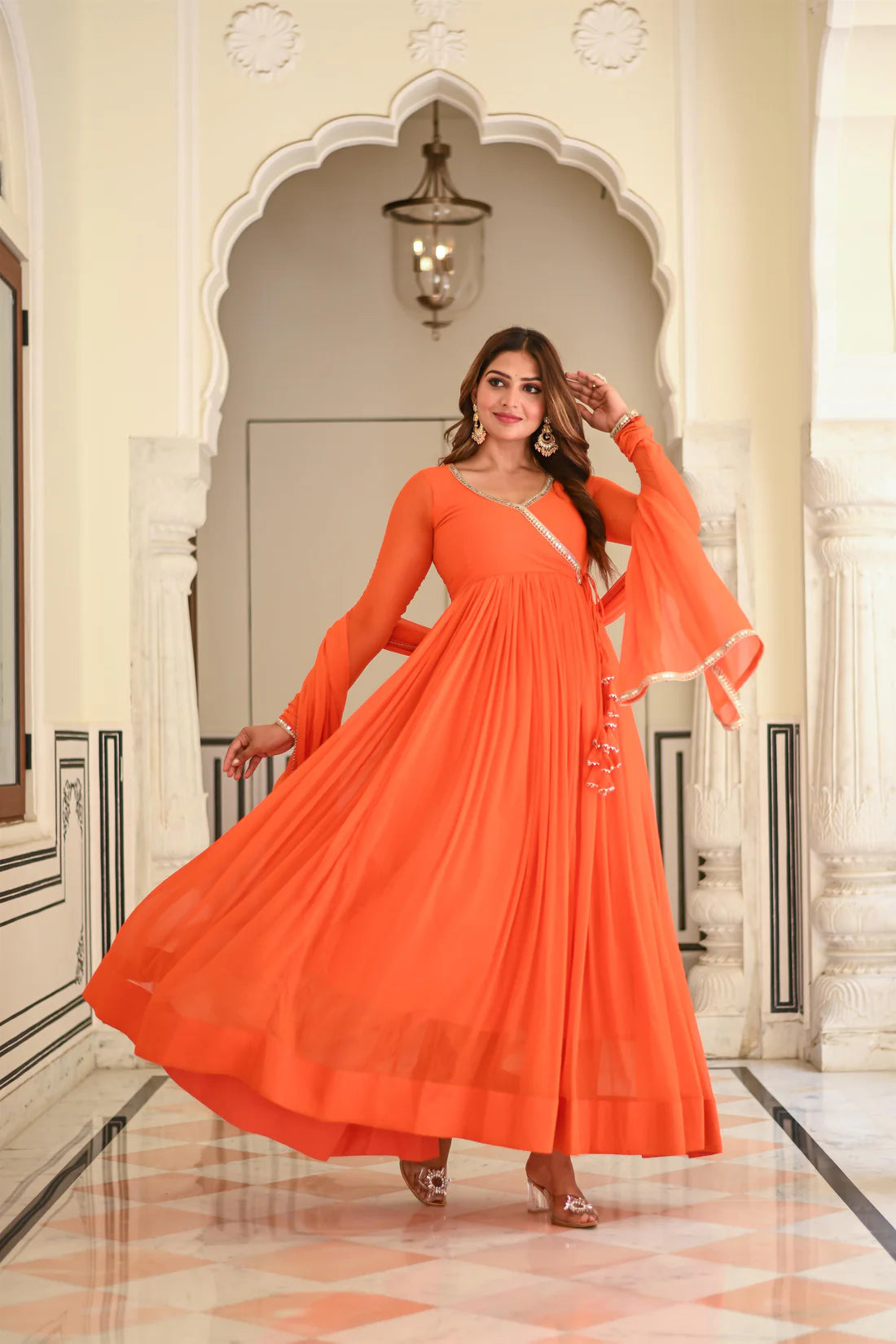 "Tejashri" - Vibrant Orange Chiffon Anarkali Suit Set