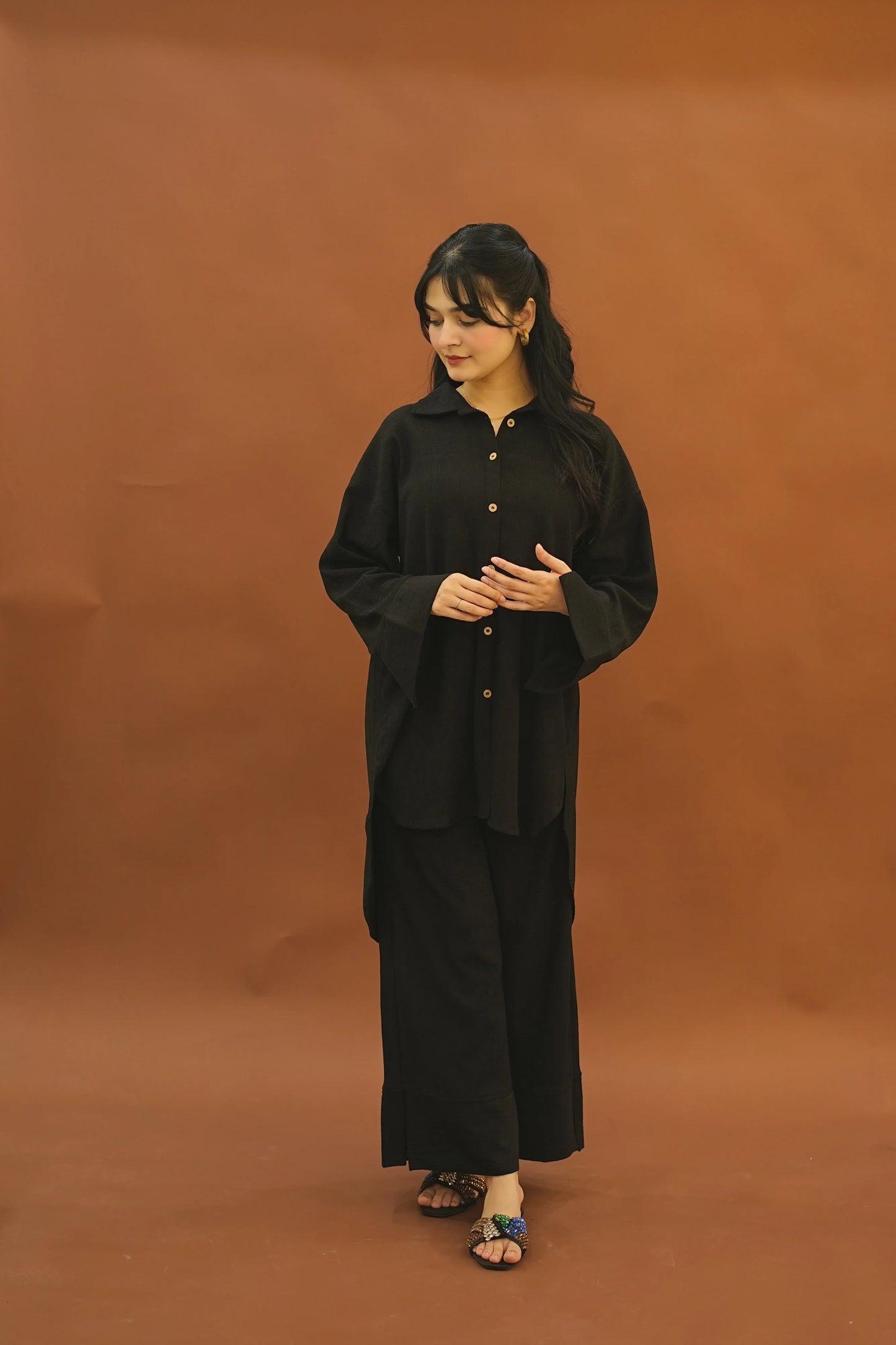 "Nura" – Midnight Black Premium Textured Co-ord Set with High-Low Tunic