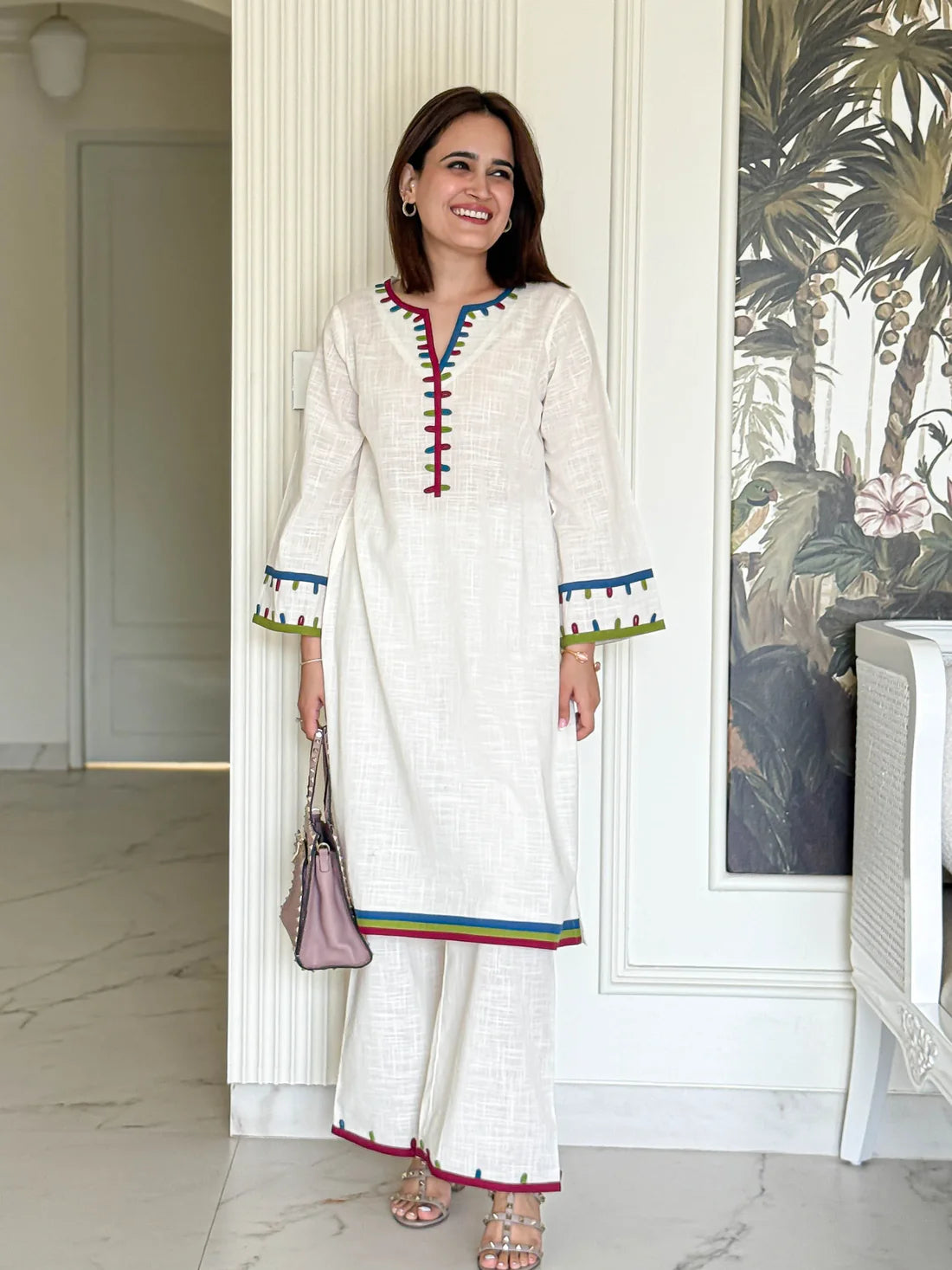 "Kinaara" - White Cotton Kurta Set with Multi-Color Trim