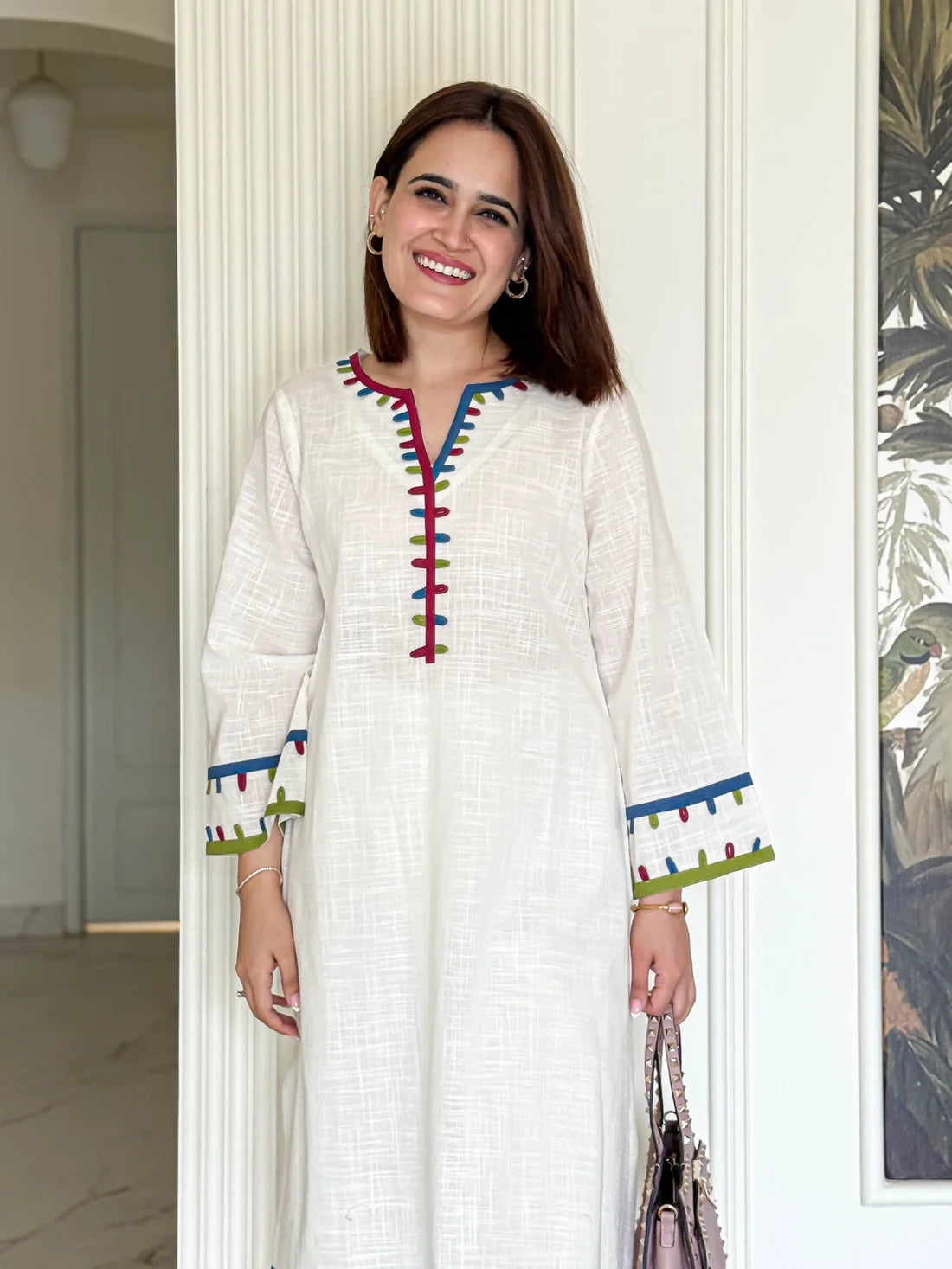 "Kinaara" - White Cotton Kurta Set with Multi-Color Trim