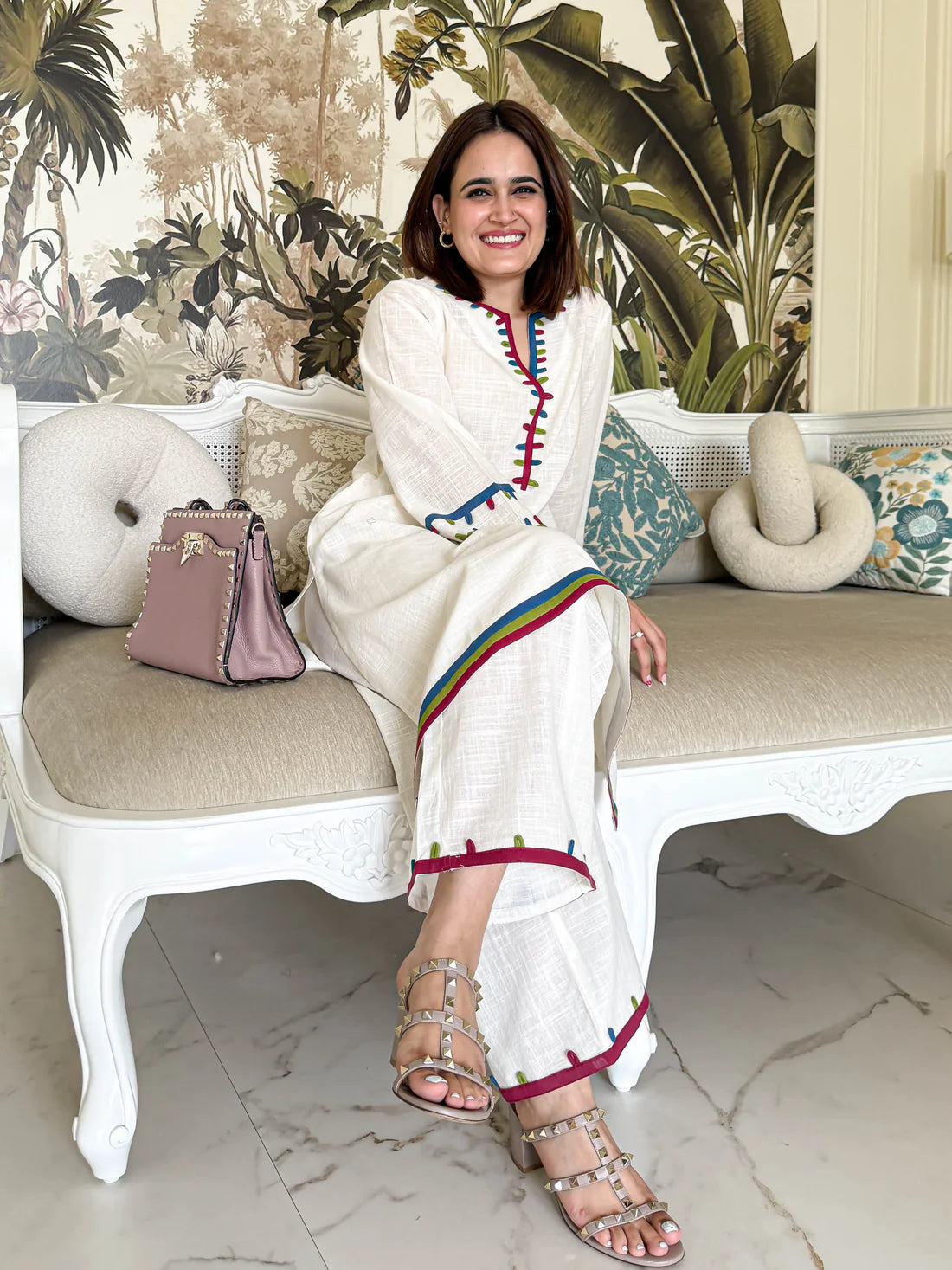 "Kinaara" - White Cotton Kurta Set with Multi-Color Trim