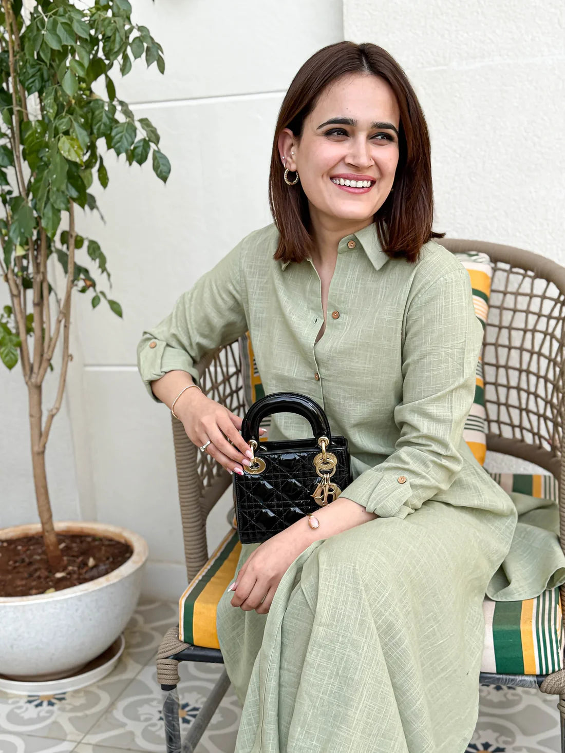 "Harita" - Sage Green Cotton Shirt-Style Kurta Set