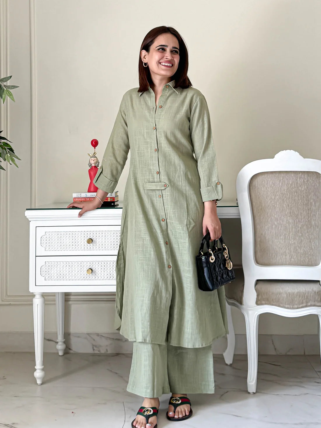 "Harita" - Sage Green Cotton Shirt-Style Kurta Set