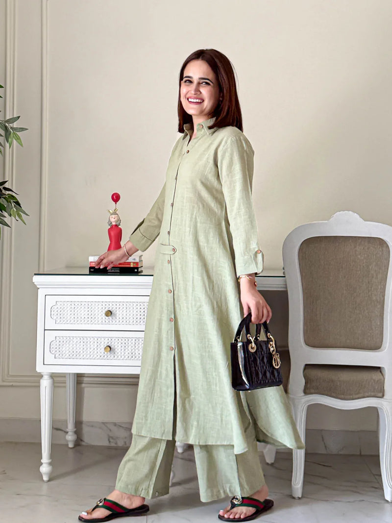 "Harita" - Sage Green Cotton Shirt-Style Kurta Set