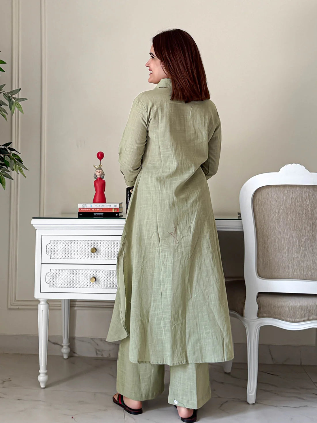 "Harita" - Sage Green Cotton Shirt-Style Kurta Set