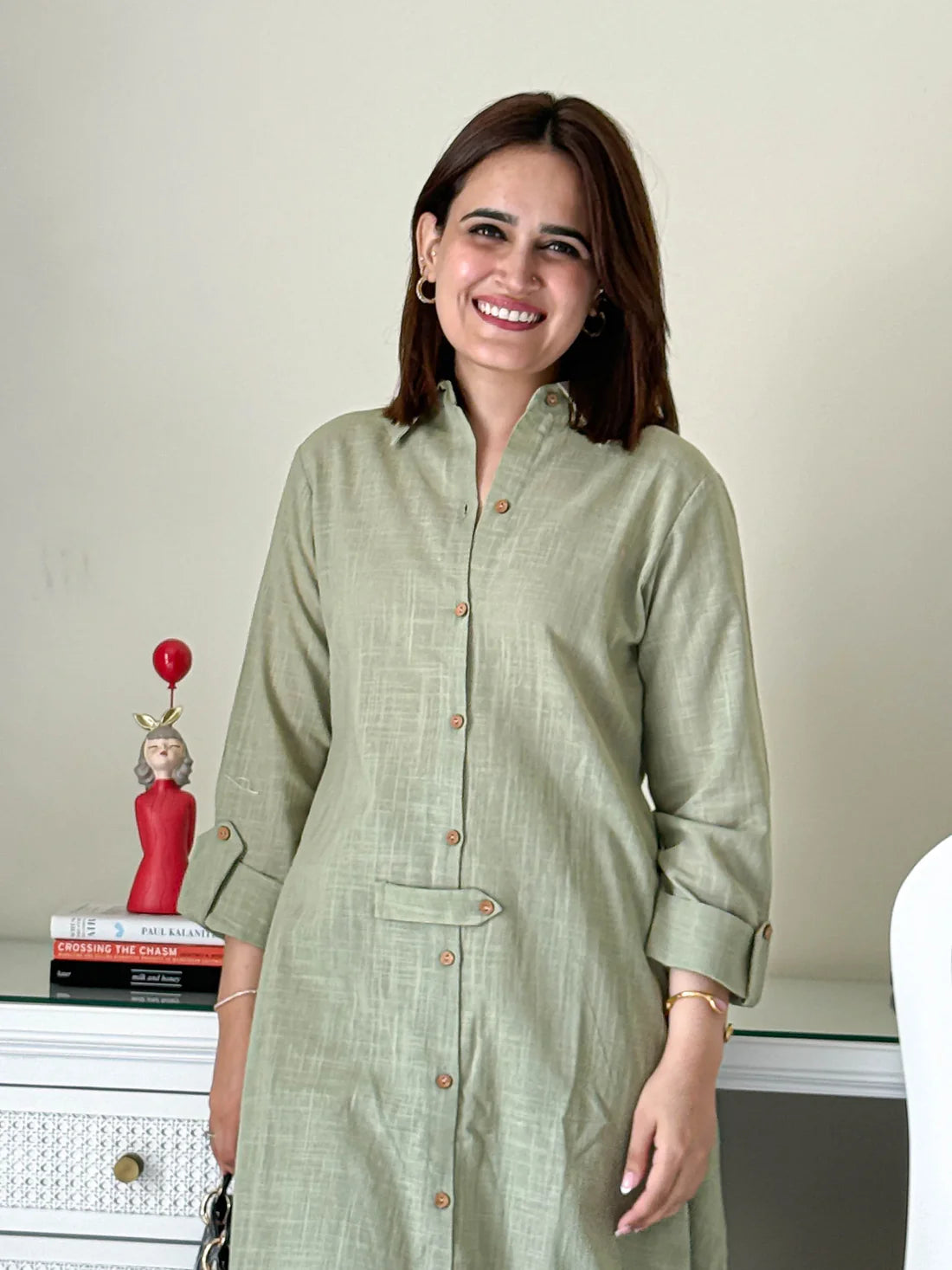 "Harita" - Sage Green Cotton Shirt-Style Kurta Set