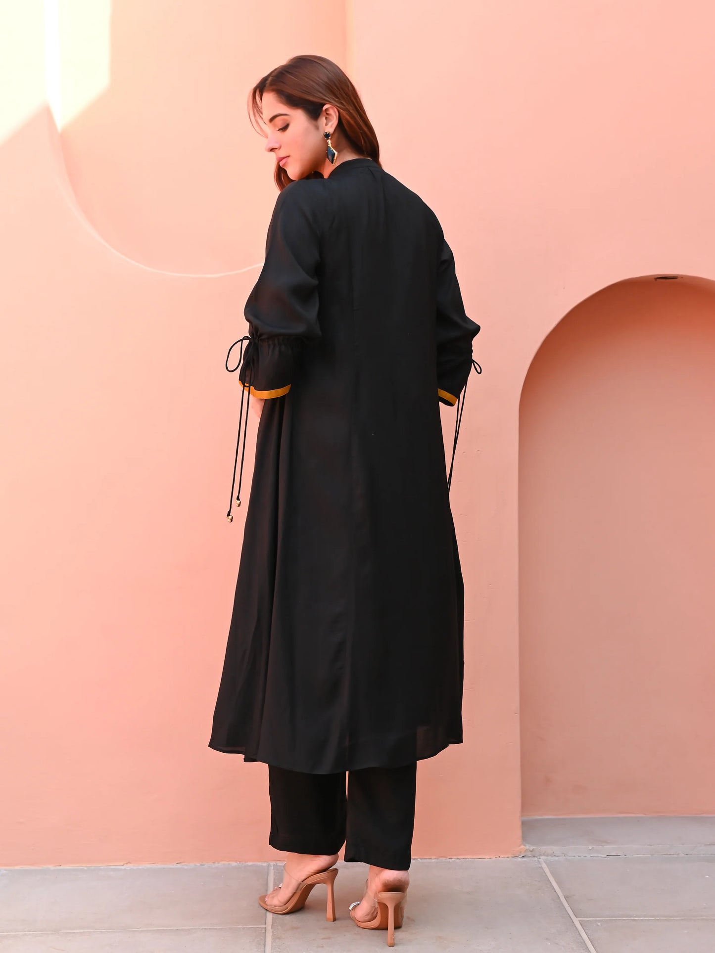 Aarvi Mustard-Panelled Black Cotton Kurta Set