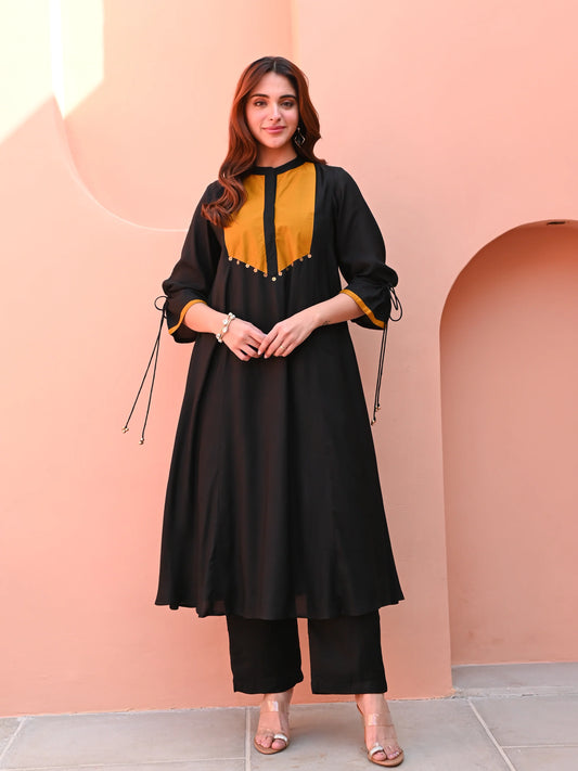 Aarvi Mustard-Panelled Black Cotton Kurta Set