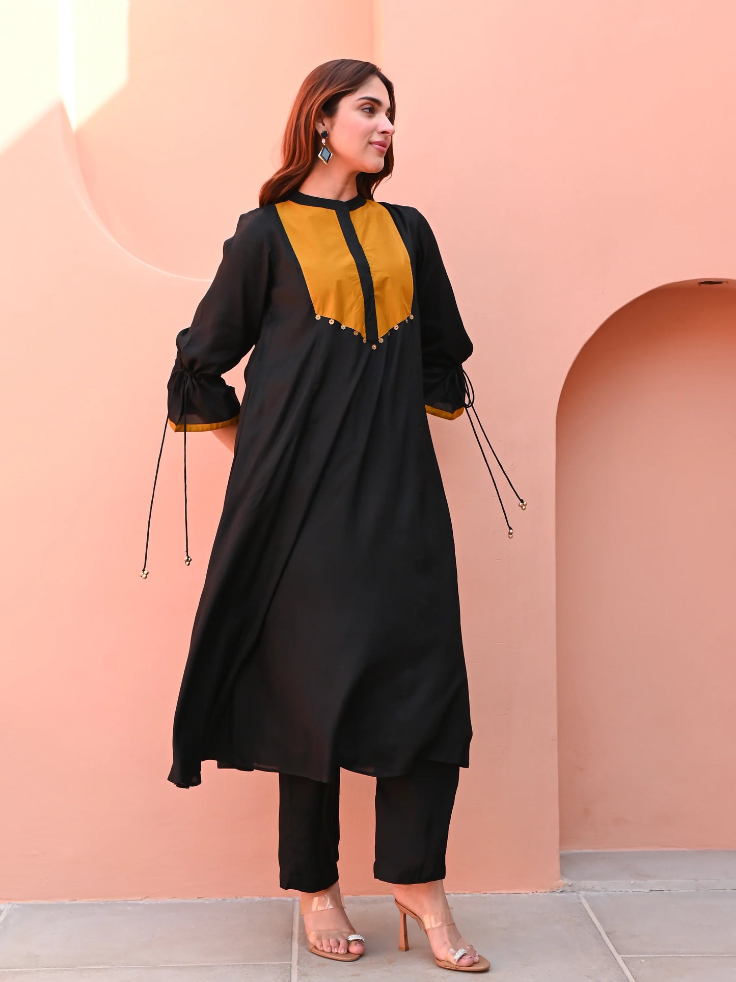 Aarvi Mustard-Panelled Black Cotton Kurta Set
