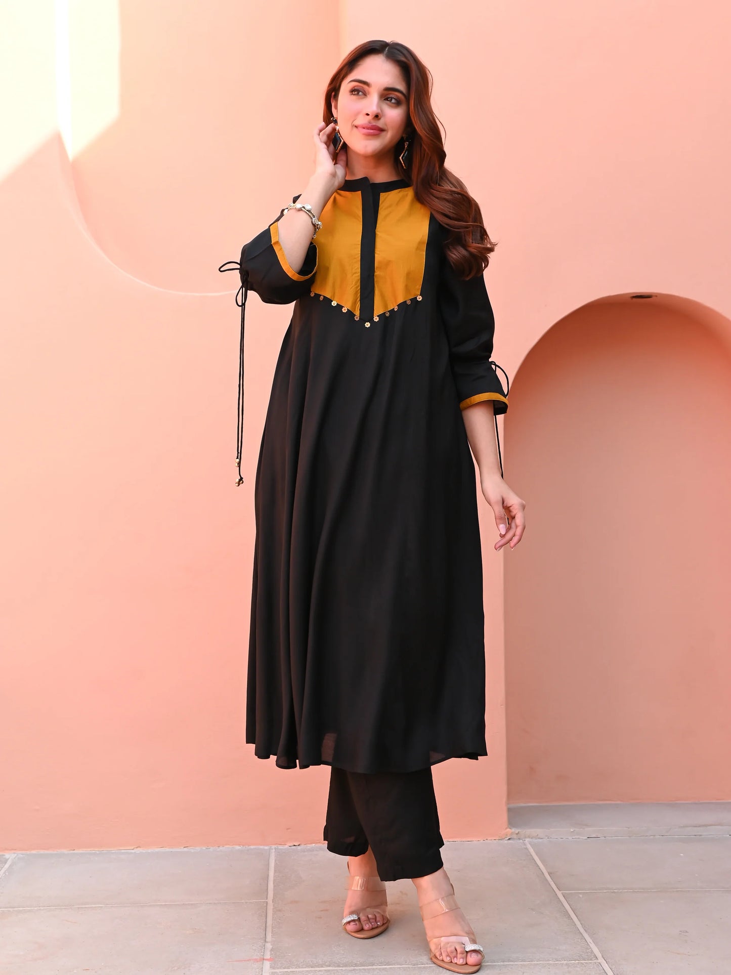 Aarvi Mustard-Panelled Black Cotton Kurta Set