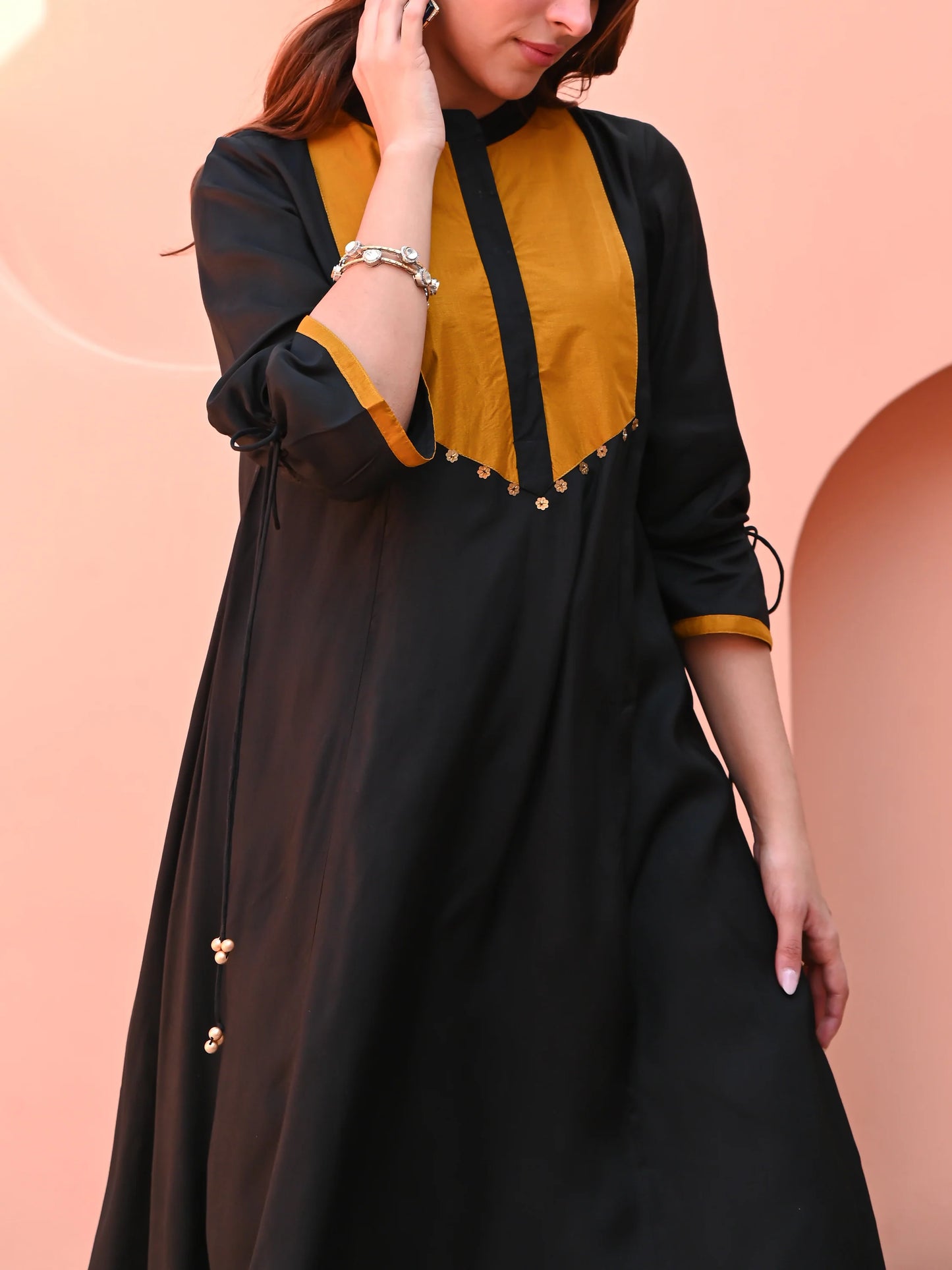 Aarvi Mustard-Panelled Black Cotton Kurta Set