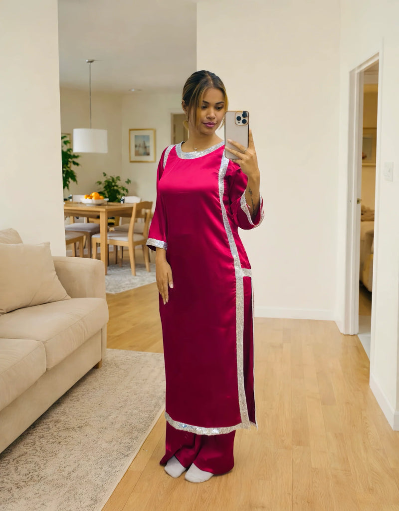 Hania Aamir Inspired Viral Satin Silk Kurta Palazzo Set – Elegant 2 Piece Ethnic Set