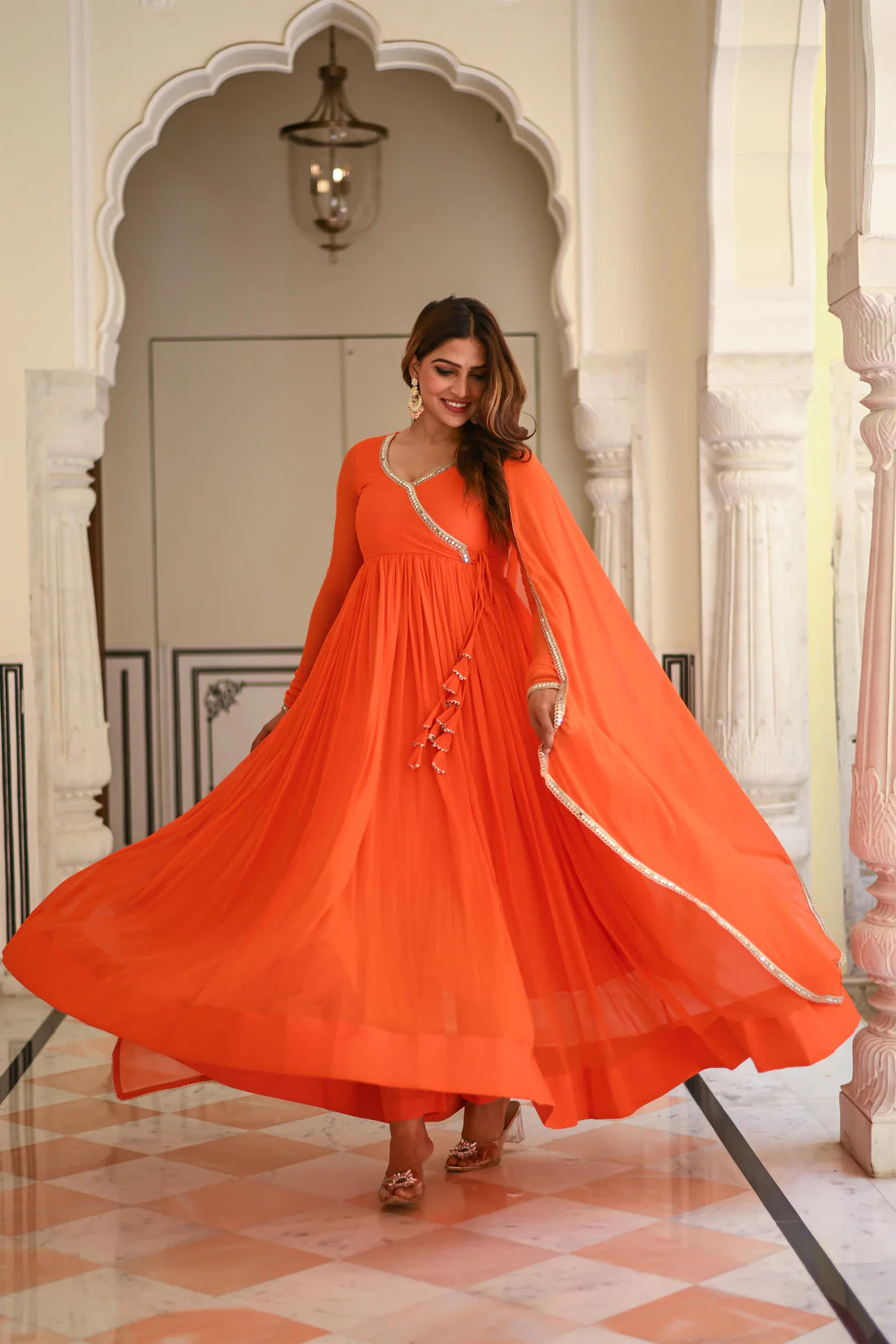 "Tejashri" - Vibrant Orange Chiffon Anarkali Suit Set