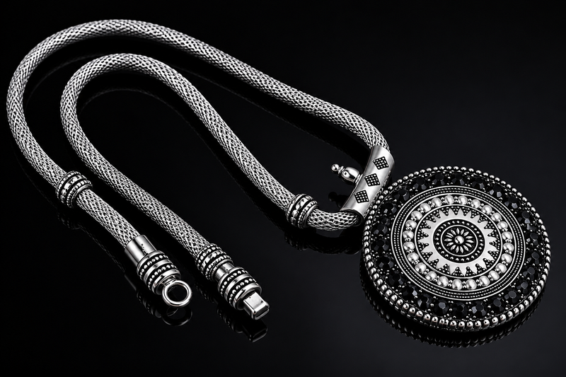 Silver necklace with intricate design on a black background