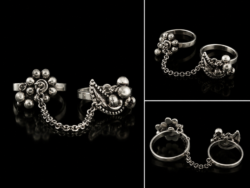 Silver ring with chain and ball design on a black background