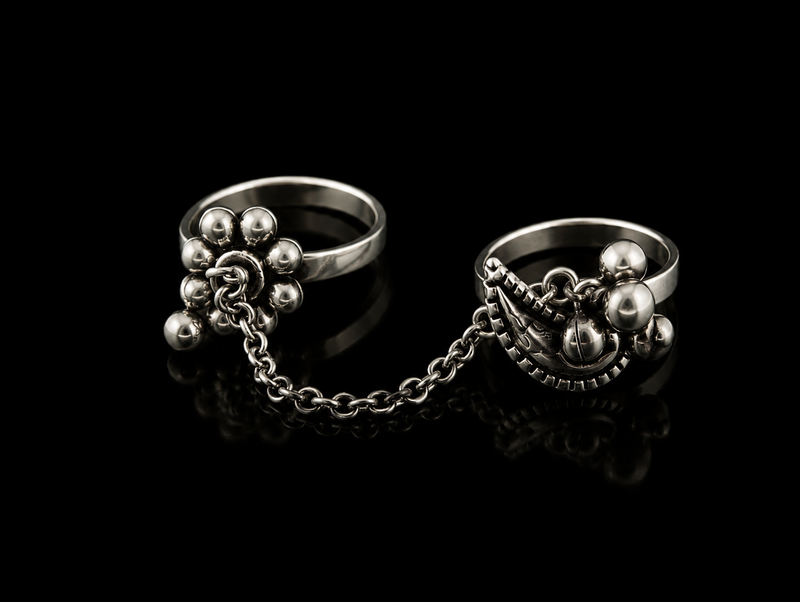 Pair of silver rings with chain and spherical embellishments on a black background
