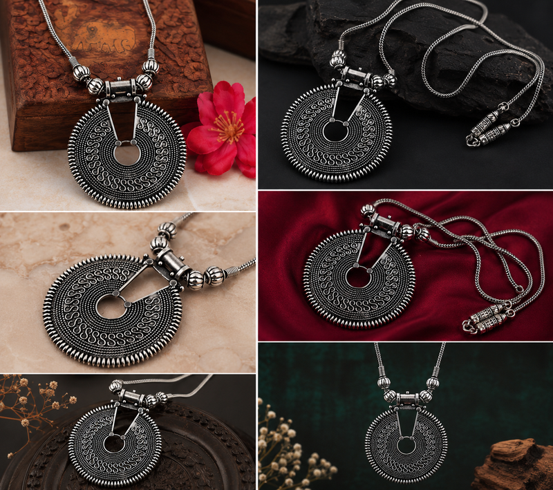 Collage of silver pendant necklaces on various backgrounds