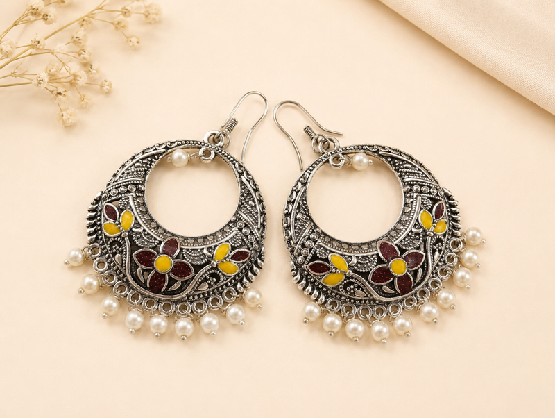 Ornate silver earrings with floral designs and pearl accents on a beige background