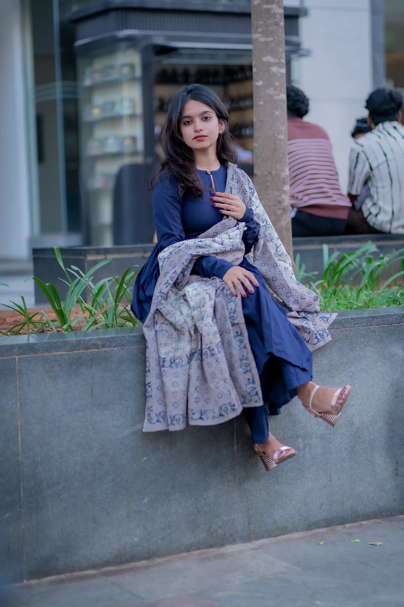 "Midnight Grace" - Pure Handloom Cotton Flared Suit Set