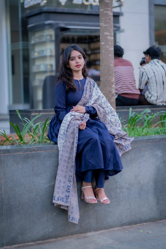 "Midnight Grace" - Pure Handloom Cotton Flared Suit Set