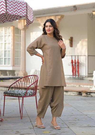 DHIRAI Hazel Harmony brown cotton slub co-ord set for women with relaxed fit