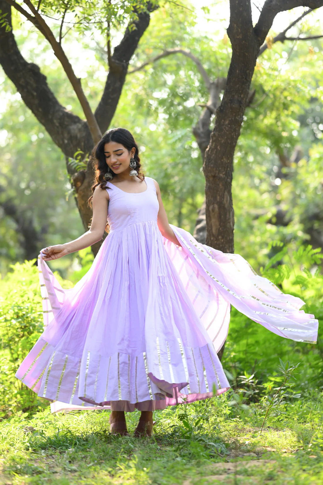 "Nritya" - Mal Cotton Full Flare Anarkali Suit Set with Gota Dupatta