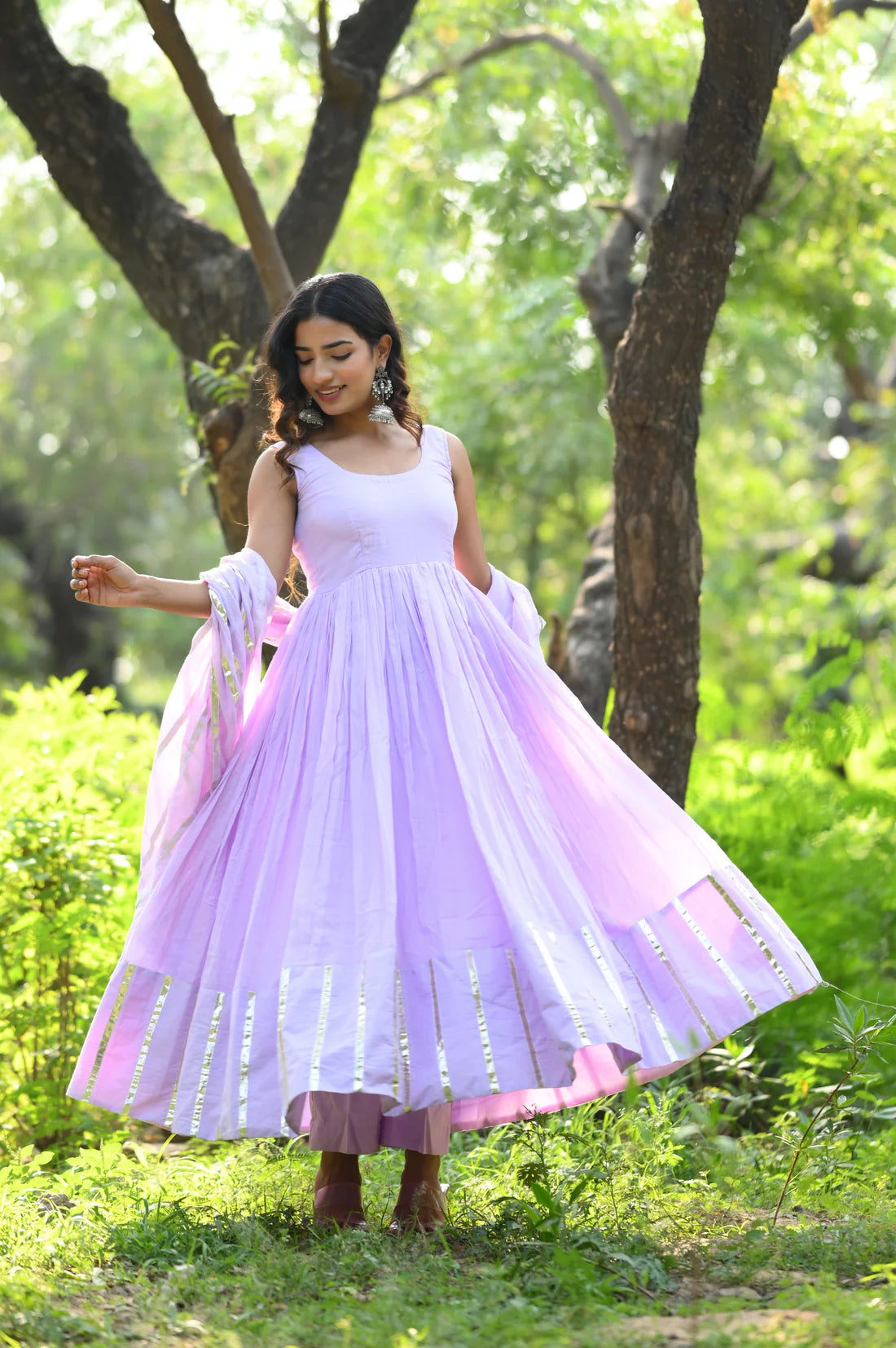 "Nritya" - Mal Cotton Full Flare Anarkali Suit Set with Gota Dupatta