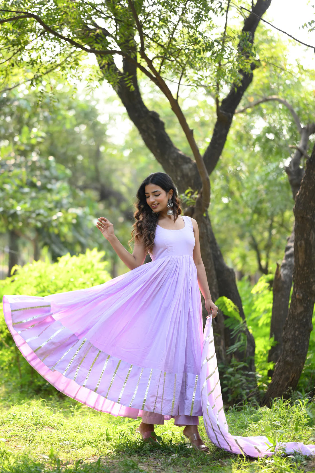 "Nritya" - Mal Cotton Full Flare Anarkali Suit Set with Gota Dupatta