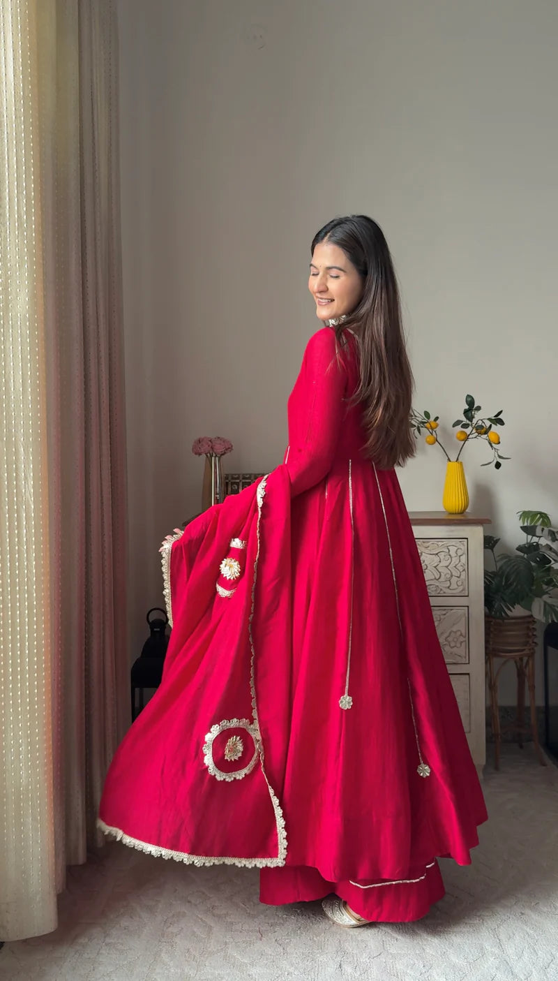 "Jyotsna" - Vibrant Red Full Flare Anarkali Suit Set with Gold Gota