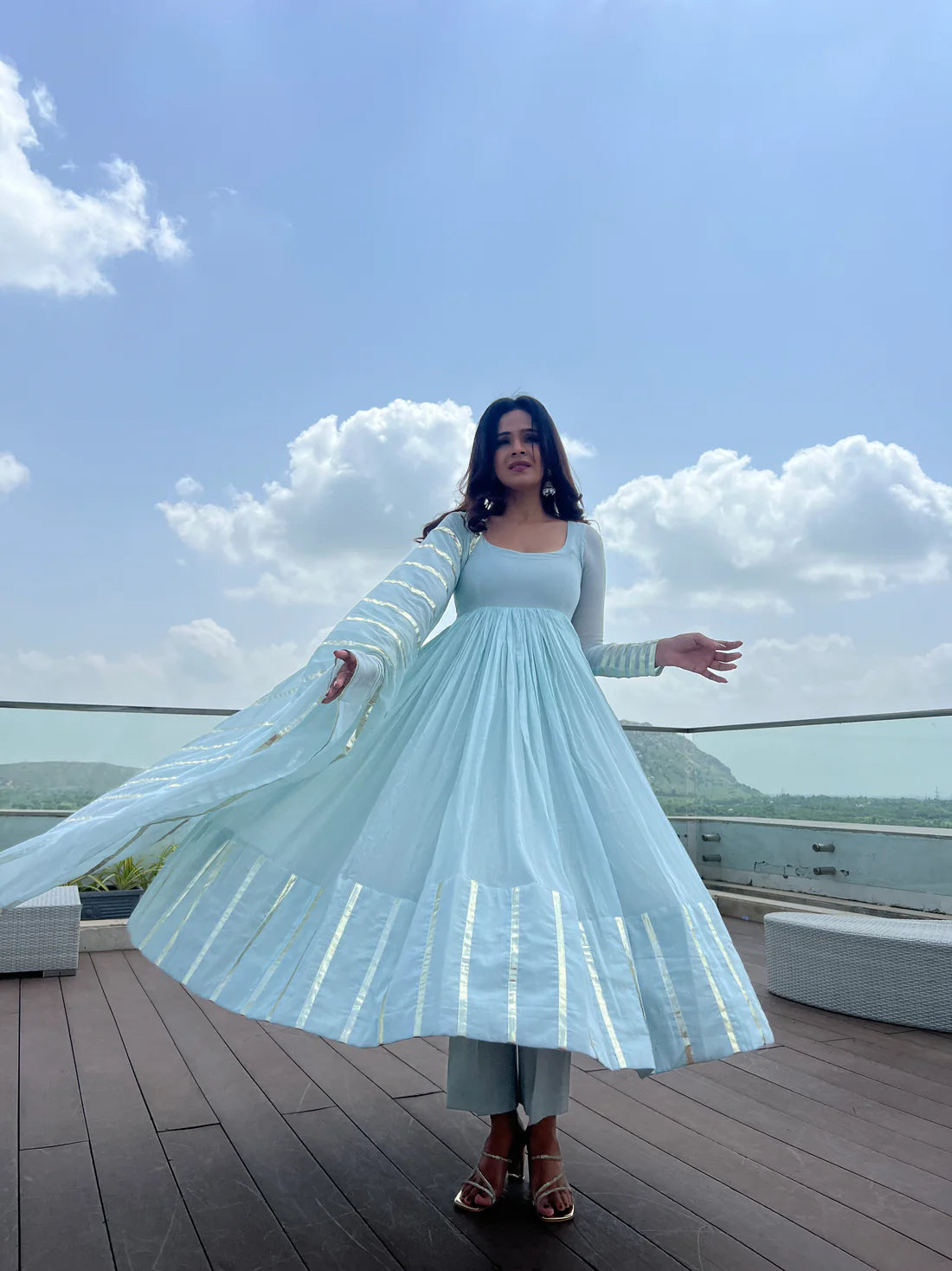 "Nritya" - Mal Cotton Full Flare Anarkali Suit Set with Gota Dupatta