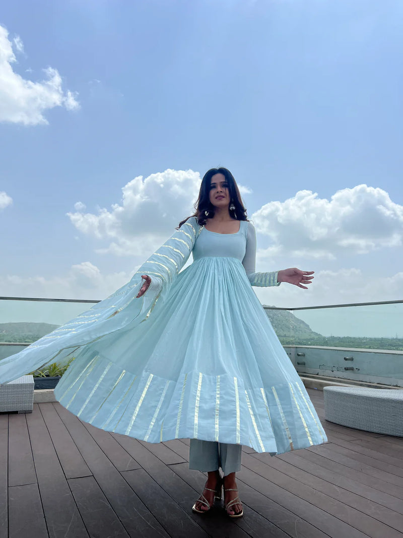 "Nritya" - Mal Cotton Full Flare Anarkali Suit Set with Gota Dupatta