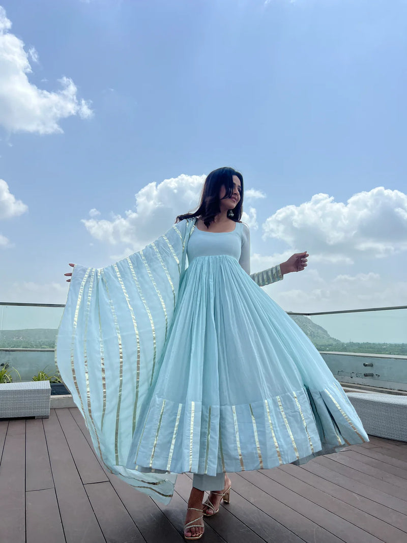 "Nritya" - Mal Cotton Full Flare Anarkali Suit Set with Gota Dupatta