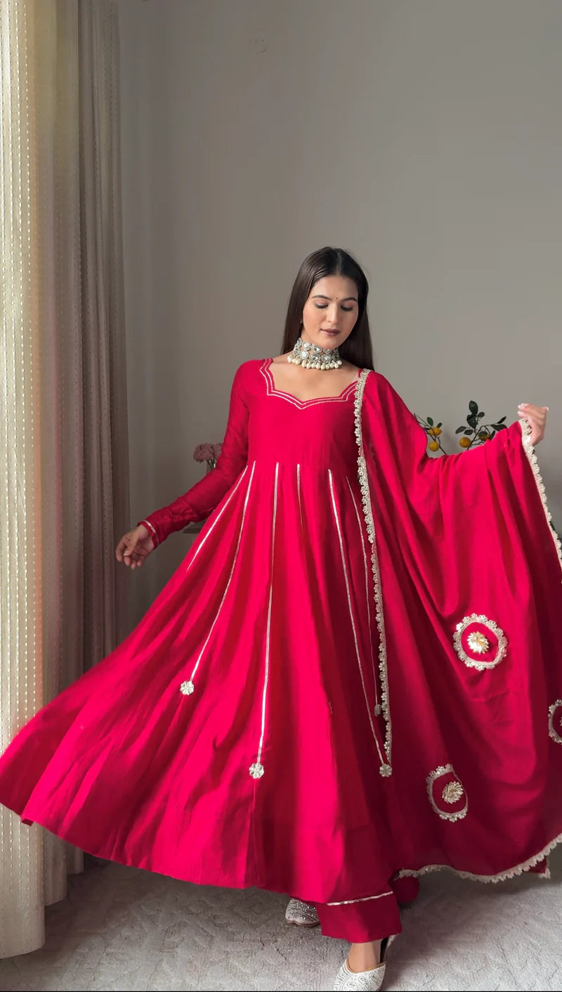 "Jyotsna" - Vibrant Red Full Flare Anarkali Suit Set with Gold Gota