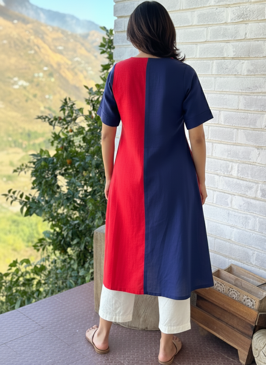 "Sandhya" - Red & Navy Asymmetrical Color Block Kurta Set