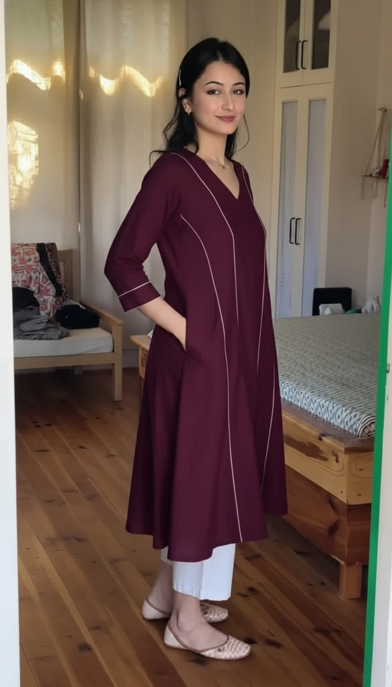 "Lavanya" - Wine Cotton A-Line Kurta Set